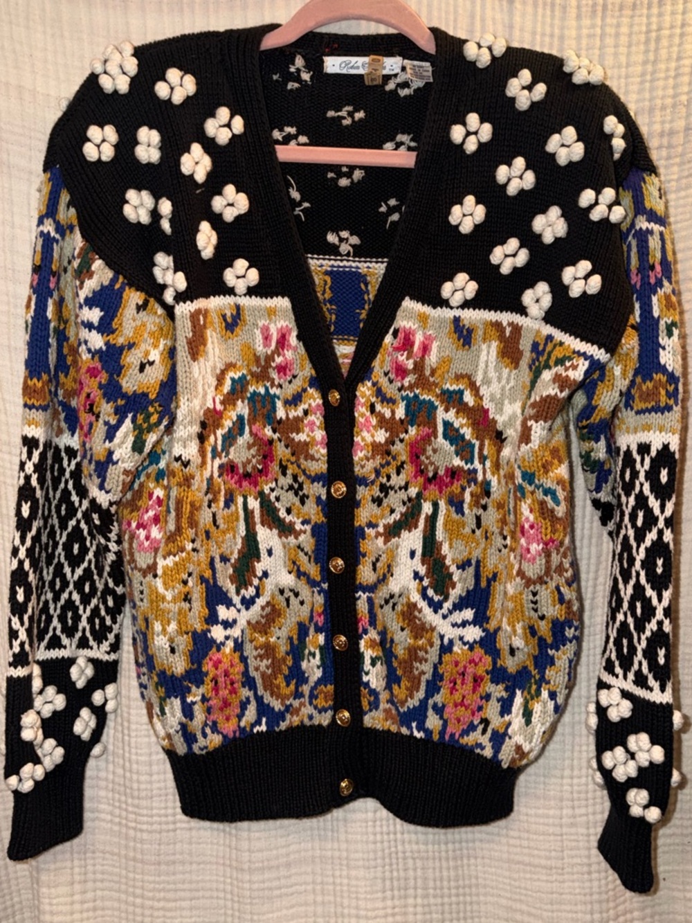 Vintage Robin Sinkler Floral 3D Popcorn Knit Cardigan Sweater 100% Cotton M -I